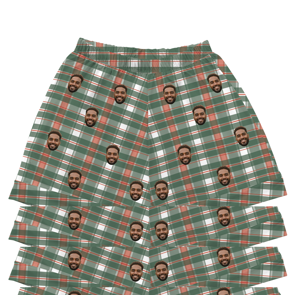 Green, white & red plaid pajama shorts with repeating smiling bearded man faces[FlannelPajamaShorts]