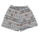 Gray shorts: white Fair Isle pattern and repeating smiling woman face prints[HolidaySweaterPajamaShorts]