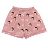 Pink pajama shorts: “I LOVE MOM” text, white hearts, and smiling baby face prints[ILoveMomPajamaShorts]