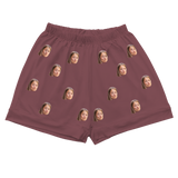 Maroon pajama shorts with elastic waist and playful kissy girl face prints[MaroonPajamaShorts]