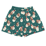 Dark teal pajama shorts: repeating Santa faces and white snowflakes throughout[SantaPajamaShorts]