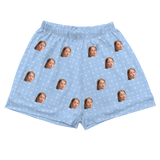 Light blue pajama shorts: small white snowflakes and repeating young girl faces[SnowflakesPajamaShorts]