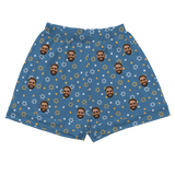 Royal blue shorts: smiling man face prints, Stars of David, and white dots[StarofDavidPajamaShorts]