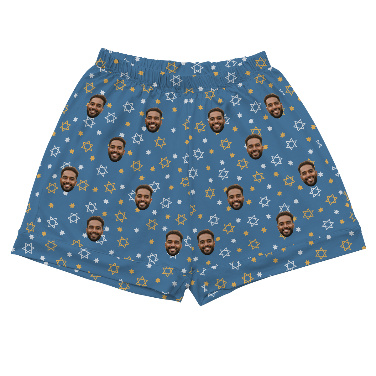 Royal blue elastic-waist pajama shorts patterned with a man's smiling face, white and gold Stars of David, and small white dots, suitable for a Hanukkah or holiday theme.