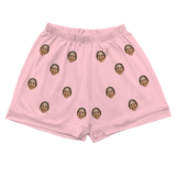 Light pink pajama shorts with elastic waist and smiling woman’s face prints[PinkDreamPajamaShorts]