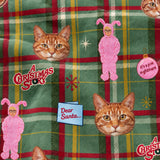 Close-up of the Ralphie's Bunny Suit print showing custom pet faces and pink bunny suits on a red, green and yellow plaid fabric
