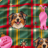Close-up of the Ralphie's Bunny Suit print showing custom pet faces and pink bunny suits on a red, green and yellow plaid fabric
