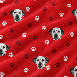 Close-up of the Red Paws print showing custom pet faces and white paw prints on a red fabric