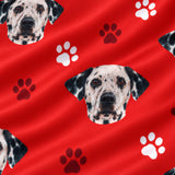 Close-up of the Red Paws print showing custom pet faces and white paw prints on a red fabric