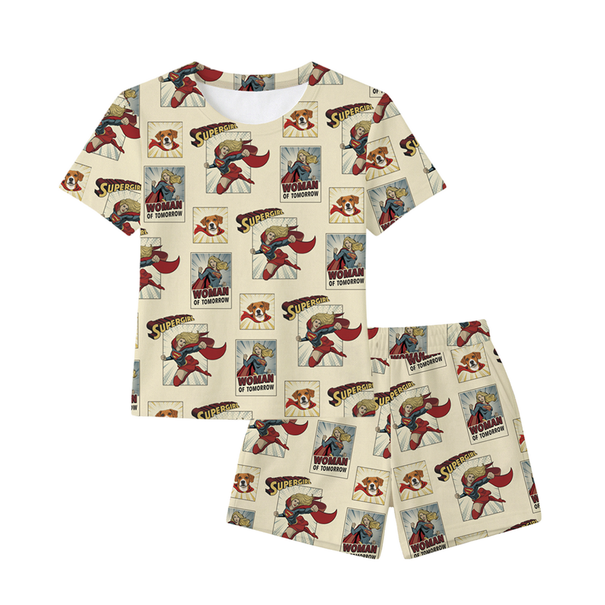 Supergirl-themed pajama set with t-shirt and shorts on a white background