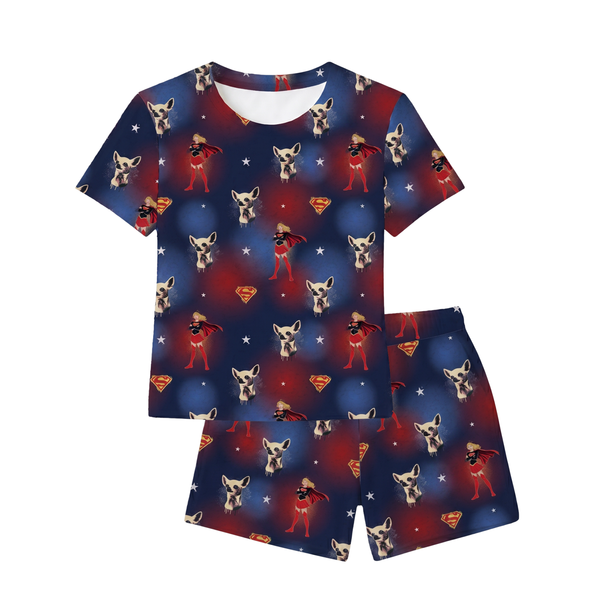 Pajama set with superhero and dog pattern on a blue background