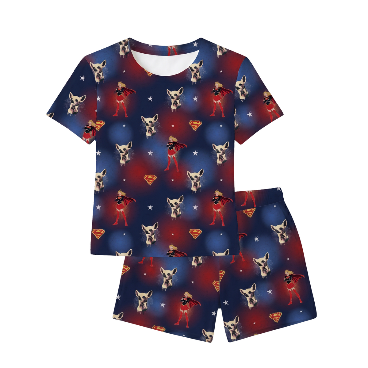 Pajama set with superhero and dog pattern on a blue background