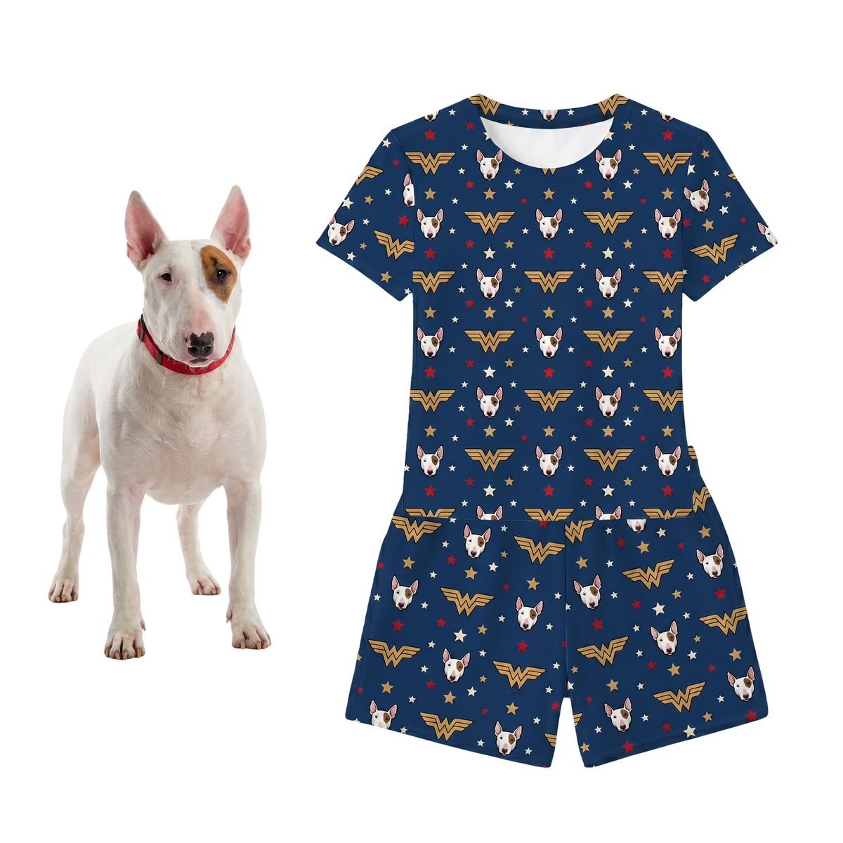 Pug dog next to a navy blue t-shirt and shorts set with wonder woman pattern