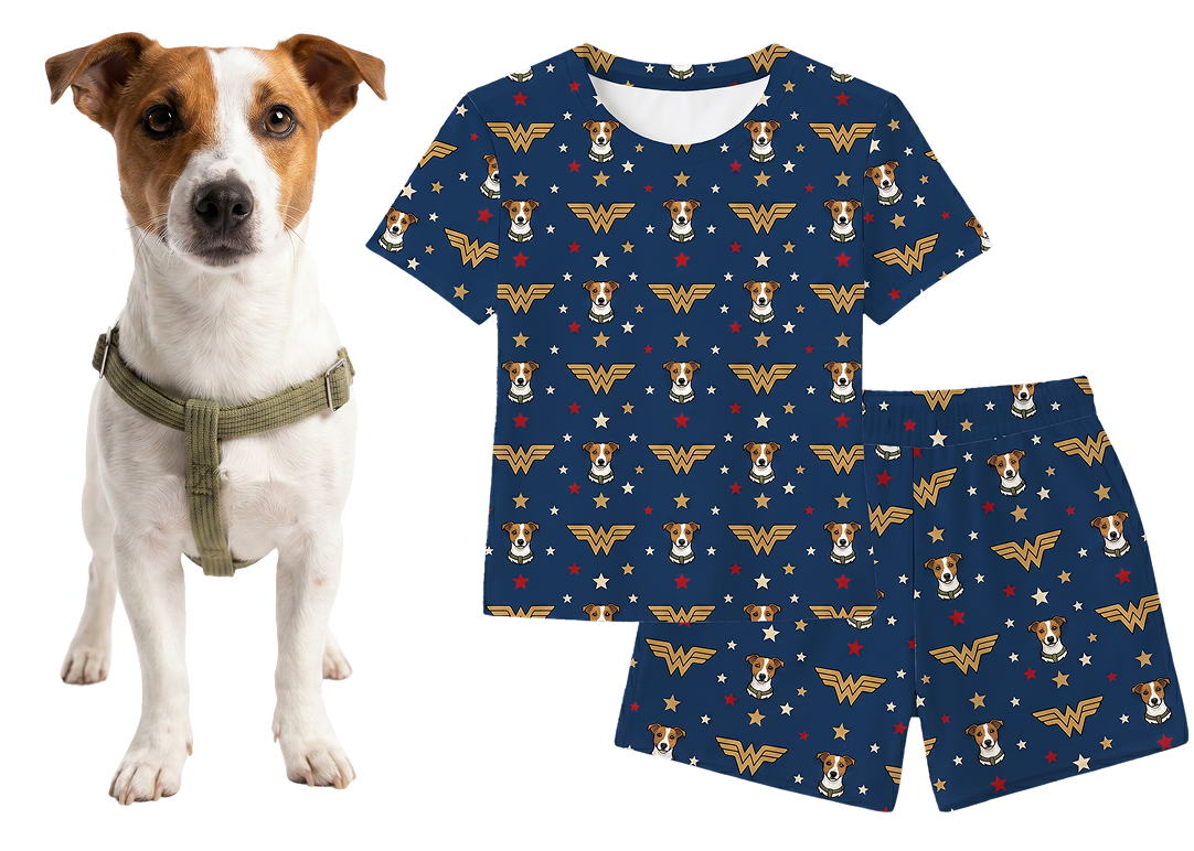 Dog wearing a Wonder Woman-themed outfit with a matching t-shirt and shorts on a white background