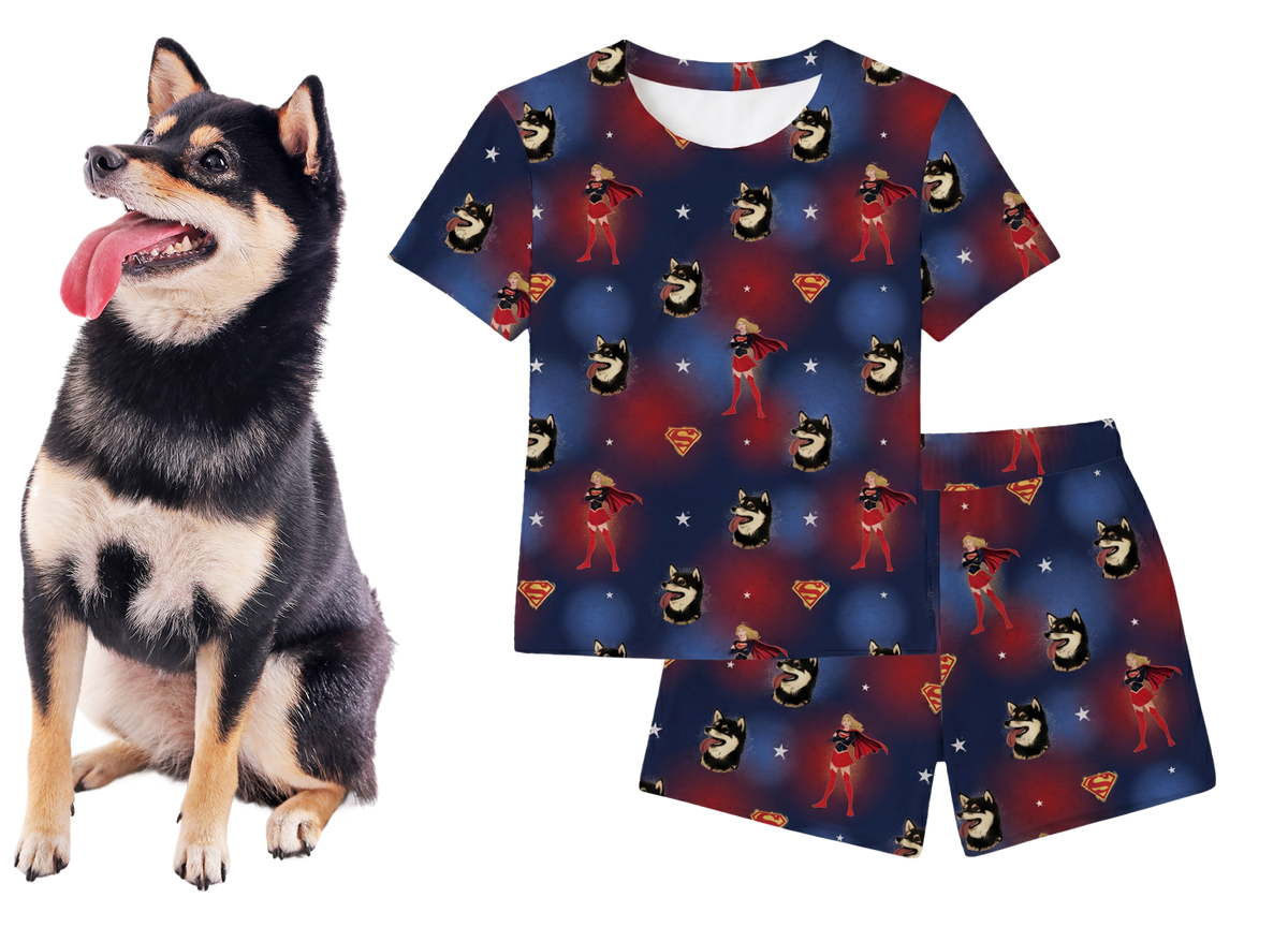 Pajamas with superhero and dog pattern on a white background
