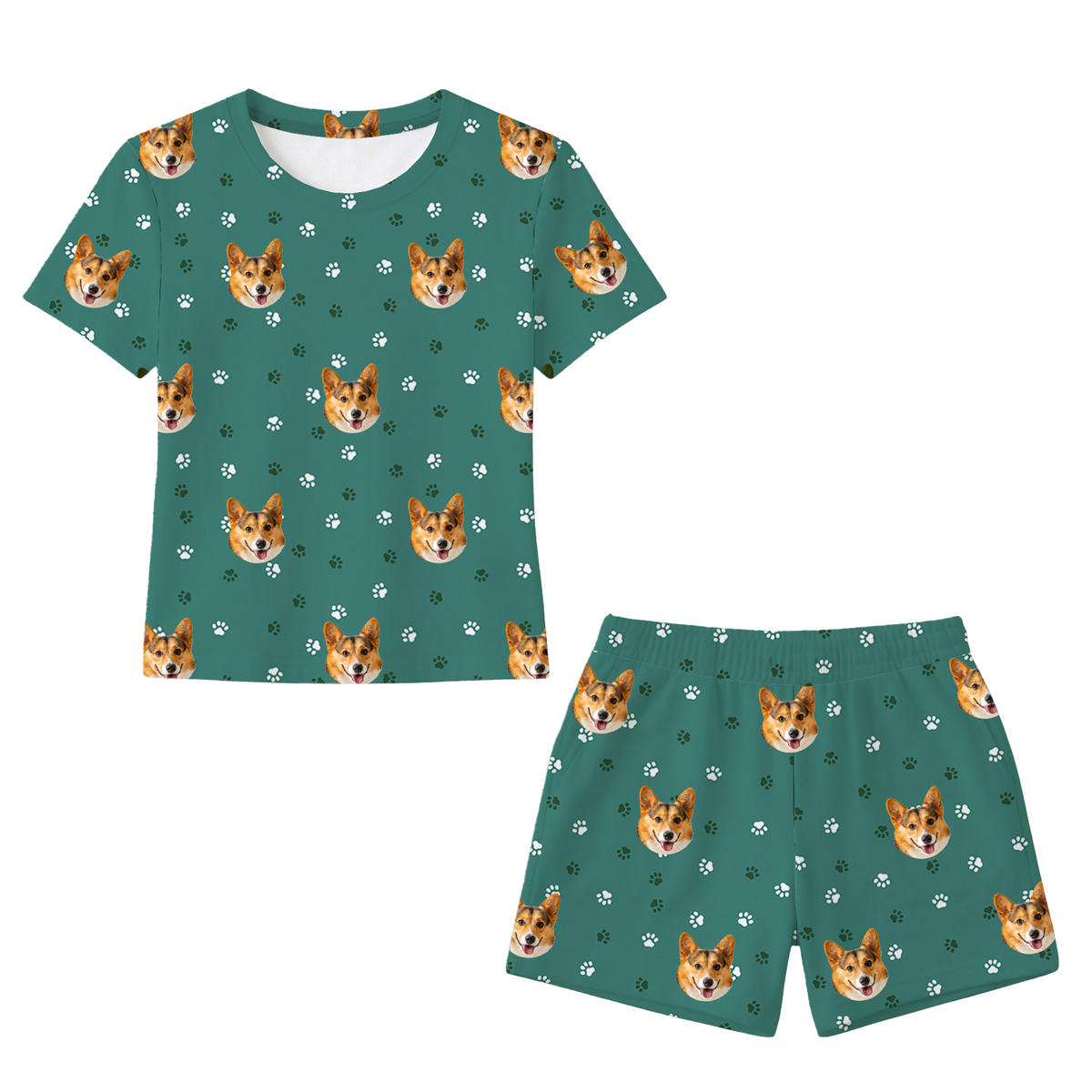This is a Green Paws print pajama set with a relaxed t-shirt and pajama shorts covered in repeating pet faces[GreenPawsRelaxedTShirtPajamaSet]