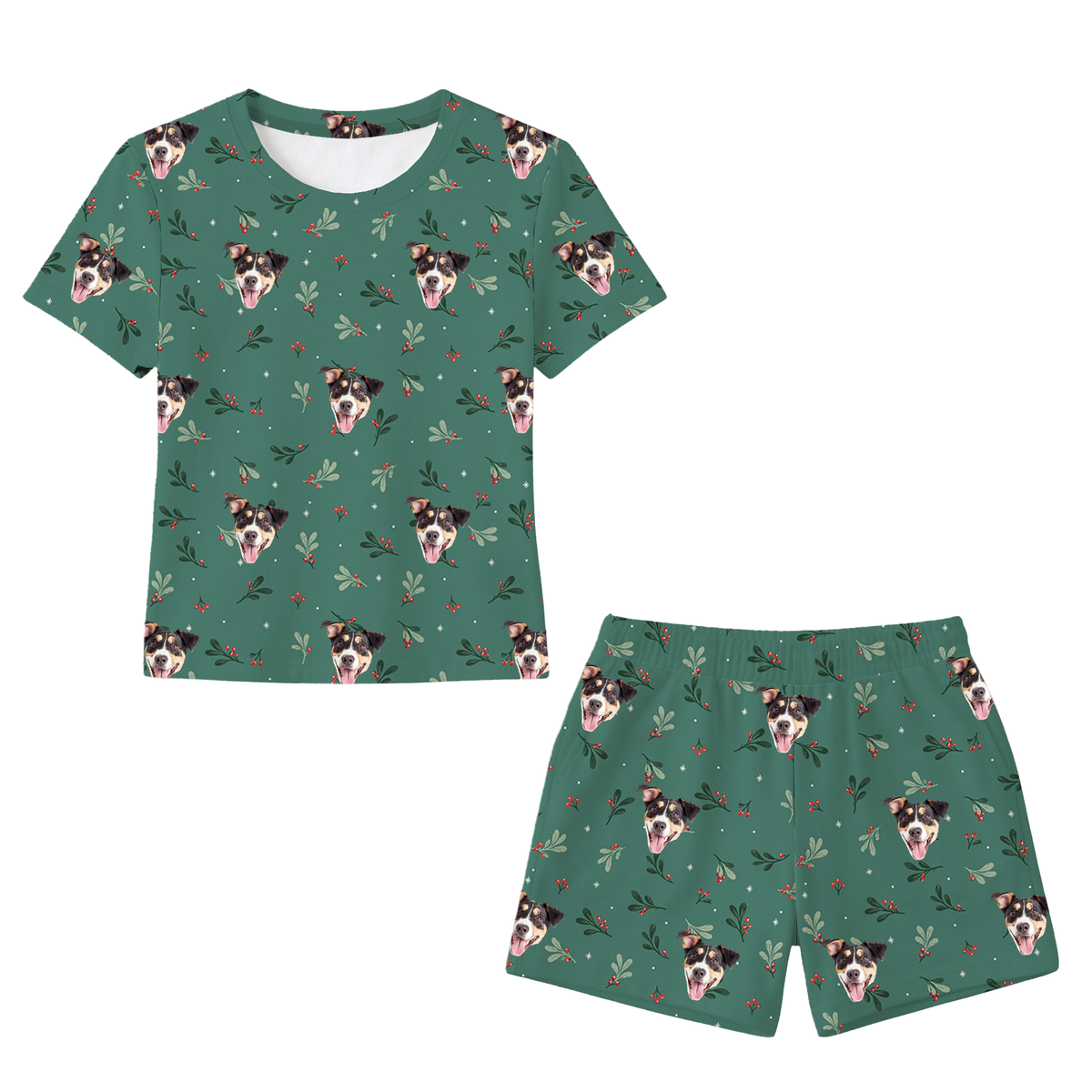 This is a Mistletoe print pajama set with a relaxed t-shirt and pajama shorts covered in repeating pet faces[MistletoeRelaxedTShirtPajamaSet]