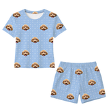 This is a Snowflakes print pajama set with a relaxed t-shirt and pajama shorts covered in repeating pet faces[SnowflakesRelaxedTShirtPajamaSet]
