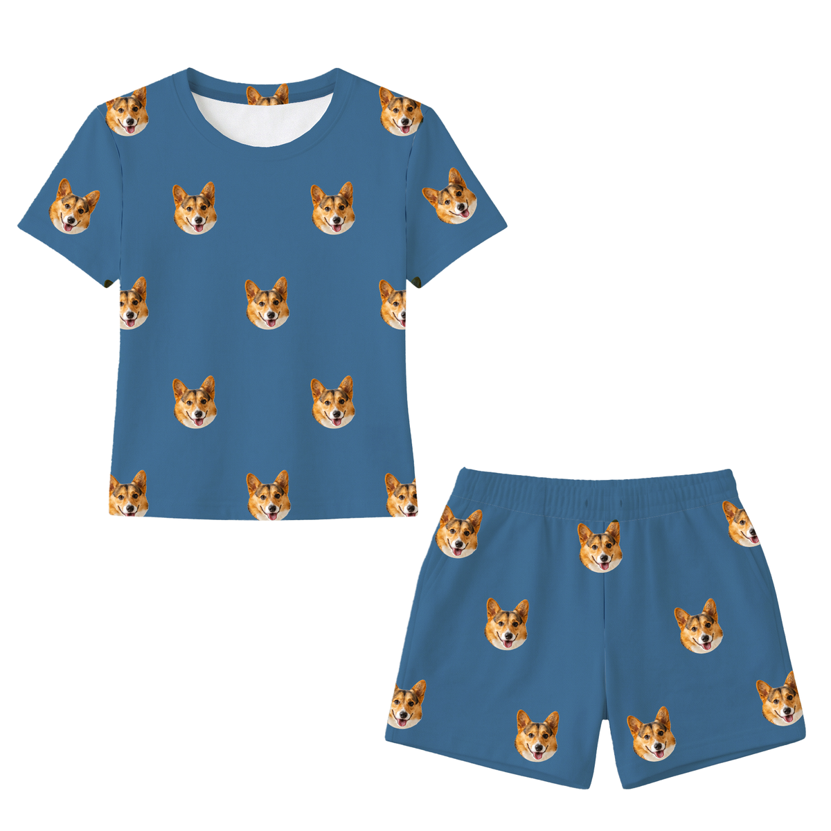 This is a Solid Blue print pajama set with a relaxed t-shirt and pajama shorts covered in repeating pet faces[SolidBlueRelaxedTShirtPajamaSet]