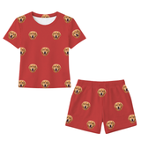 This is a Solid Red print pajama set with a relaxed t-shirt and pajama shorts covered in repeating pet faces[SolidRedRelaxedTShirtPajamaSet]
