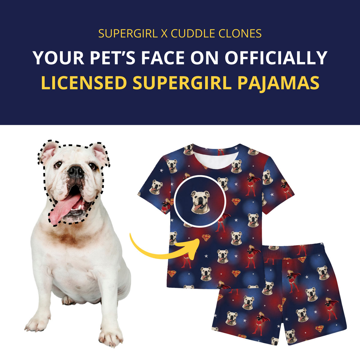 Dog with personalized Supergirl pajamas featuring its face, on a blue background with text about pet customization.