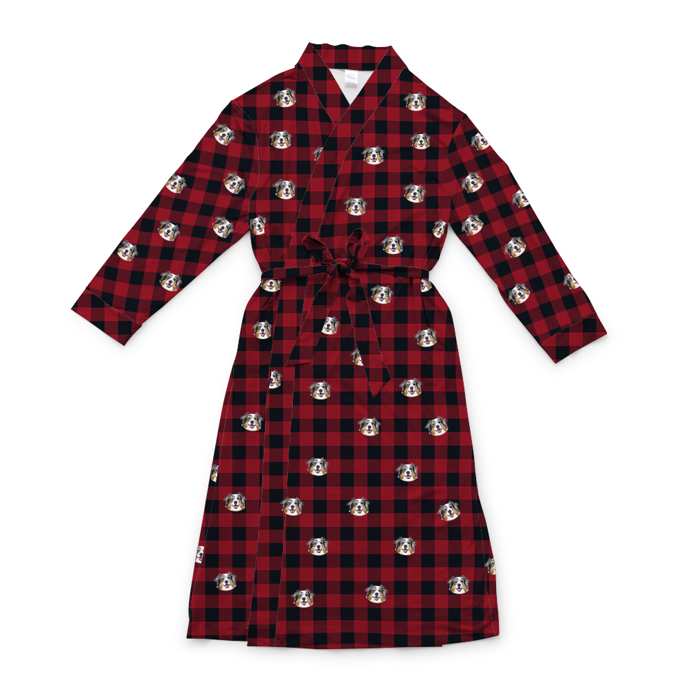 This is a robe in a Buffalo Plaid print with repeating pet faces on it[BuffaloPlaidRobe]