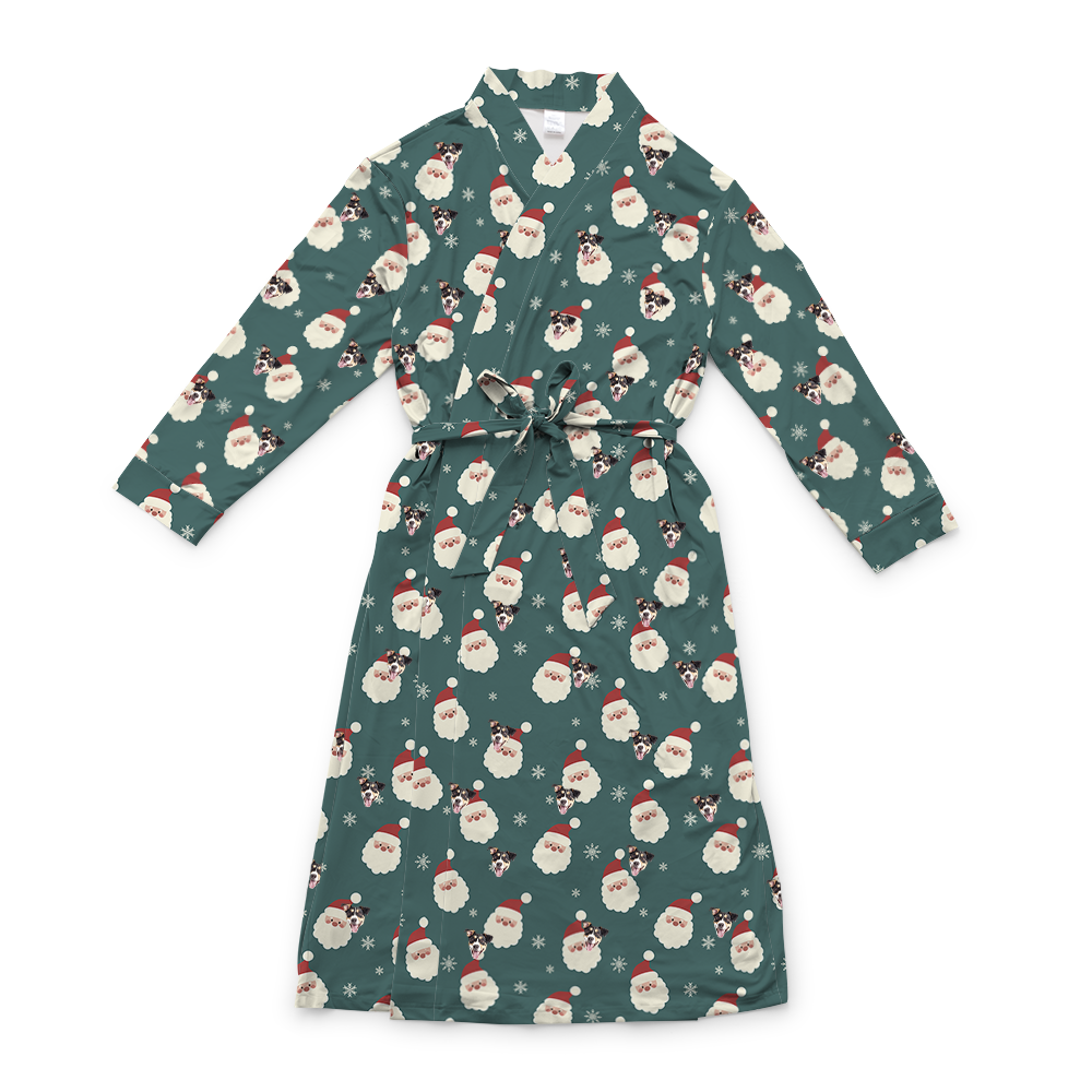 This is a robe in a Santa print with repeating pet faces on it[SantaRobe]