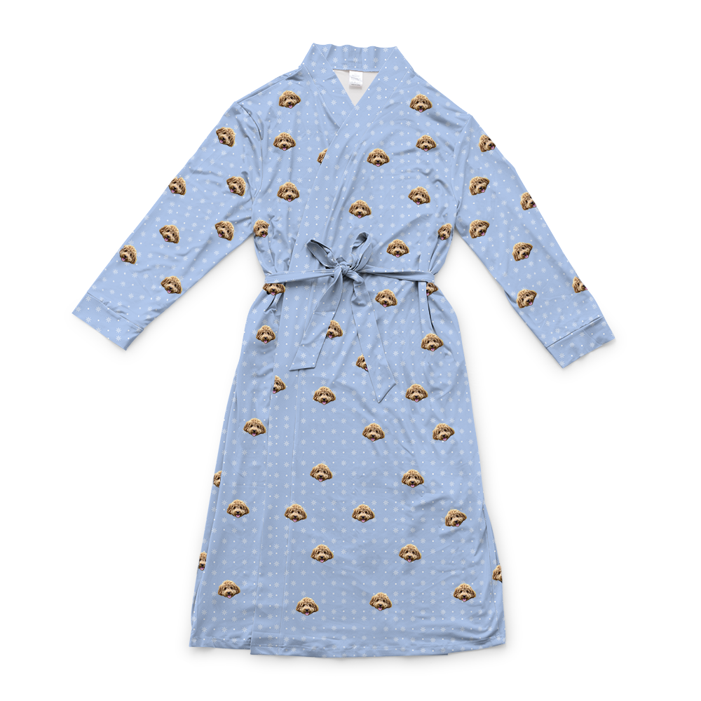 This is a robe in a Snowflakes print with repeating pet faces on it[SnowflakesRobe]
