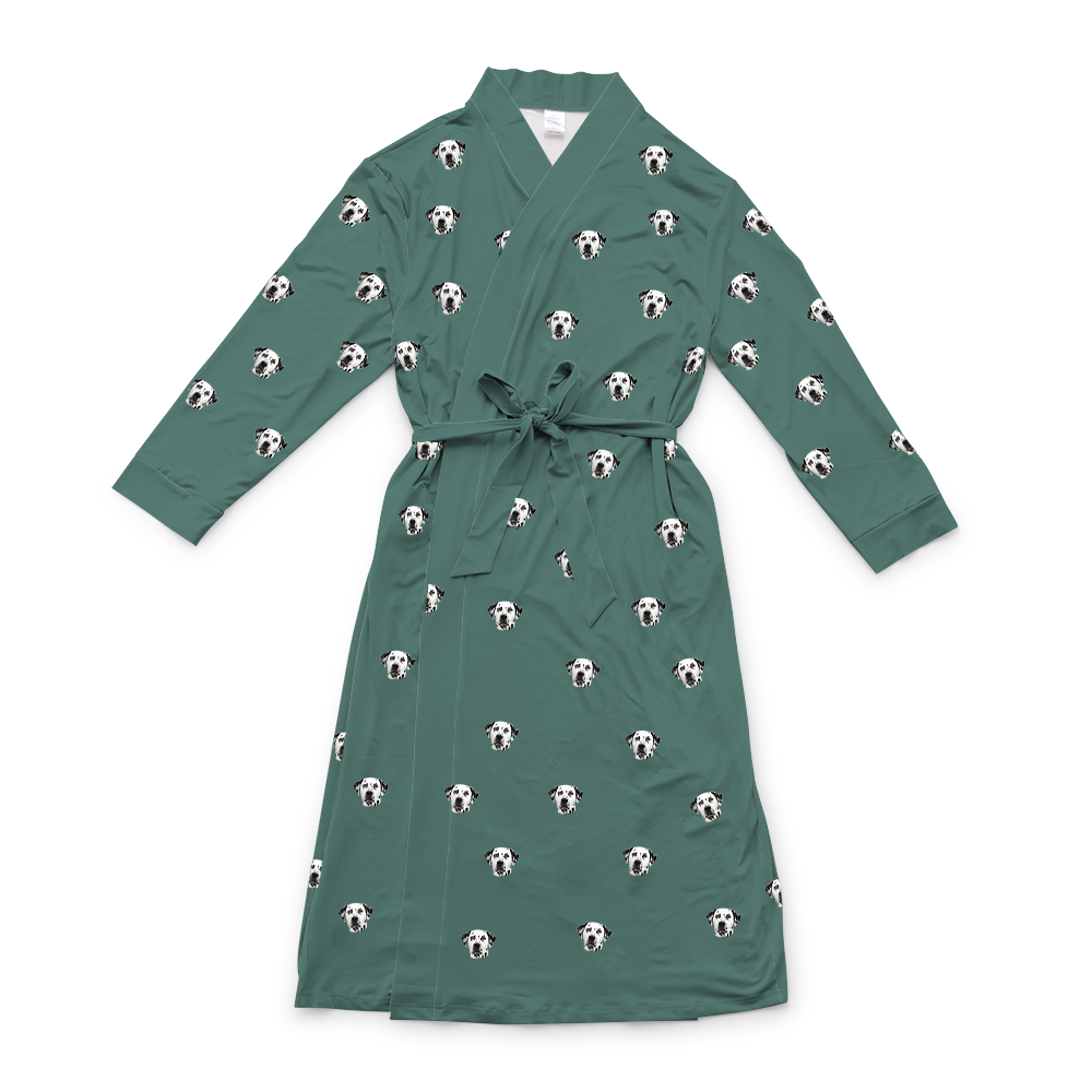 This is a robe in a Solid Green print with repeating pet faces on it[SolidGreenRobe]