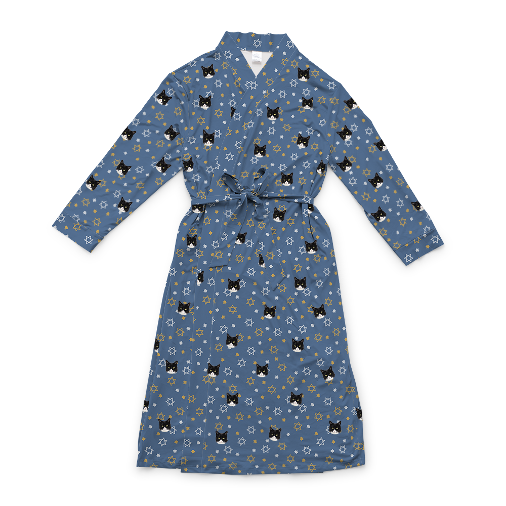 This is a robe in a Star of David print with repeating pet faces on it[StarofDavidRobe]