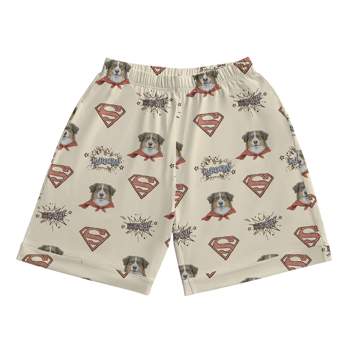 Shorts with Superman logo and dog pattern on a white background