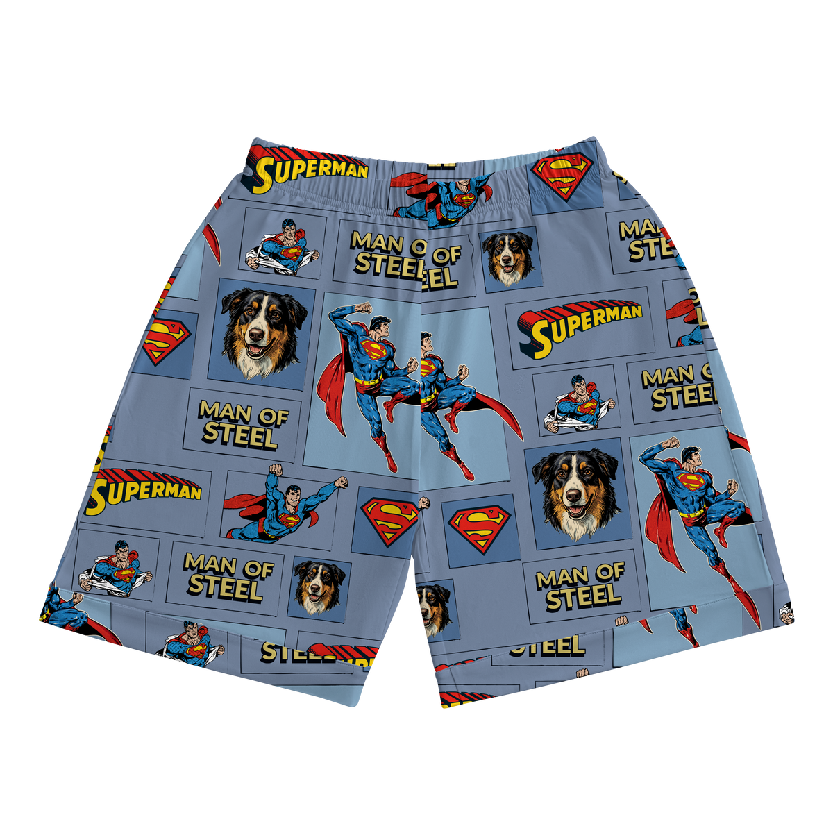 Superman-themed shorts with character and logo patterns on a blue background