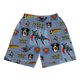 Superman-themed shorts with character and logo patterns on a blue background