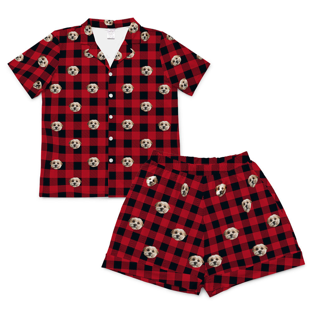 Red and black checkered pajama set with skull pattern on a white background