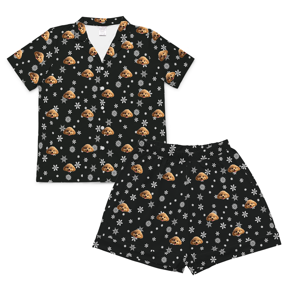 BlackandWhiteSnowflakesShortSleevePajamaShirt&ShortsSet