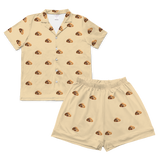 Children's pajama shirt and short set with cartoon dog pattern on a butter yellow background[ButterYellowShortSleevePajamaShirt&ShortsSet]