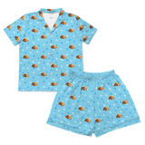 Children's pajama shirt and short set with cartoon dog and paws pattern on a light blue background[LightBluePawsShortSleevePajamaShirt&ShortsSet]