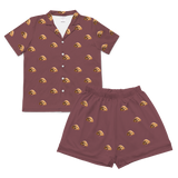 Children's pajama shirt and short set with cartoon dog pattern on a maroon background[MaroonShortSleevePajamaShirt&ShortsSet]
