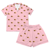 This is a cartoon pajama set which contains a short sleeve shirt with buttons and a short pajama[ShortSleevePajamaShirt&ShortsSet]