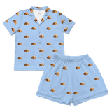 This is a cartoon pajama set which contains a short sleeve shirt with buttons and a short pajama[ShortSleevePajamaShirt&ShortsSet]