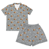 Children's pajama shirt and short set with cartoon dog and paws pattern on a gray background[SlateGrayPawsShortSleevePajamaShirt&ShortsSet]