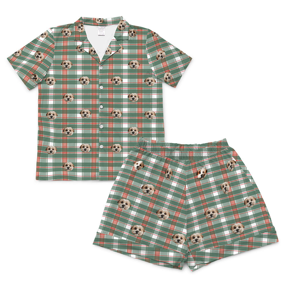 Plaid pajama set with dog pattern on a white background