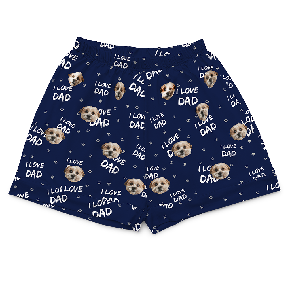 Navy blue shorts briefs with 'I Love Dad' text and dog faces on a white background