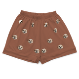 These are pajama shorts in a cocoa color with repeating pet faces on them[CocoaPajamaShorts]