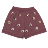 These are pajama shorts in a maroon color with repeating pet faces on them[MaroonPajamaShorts]