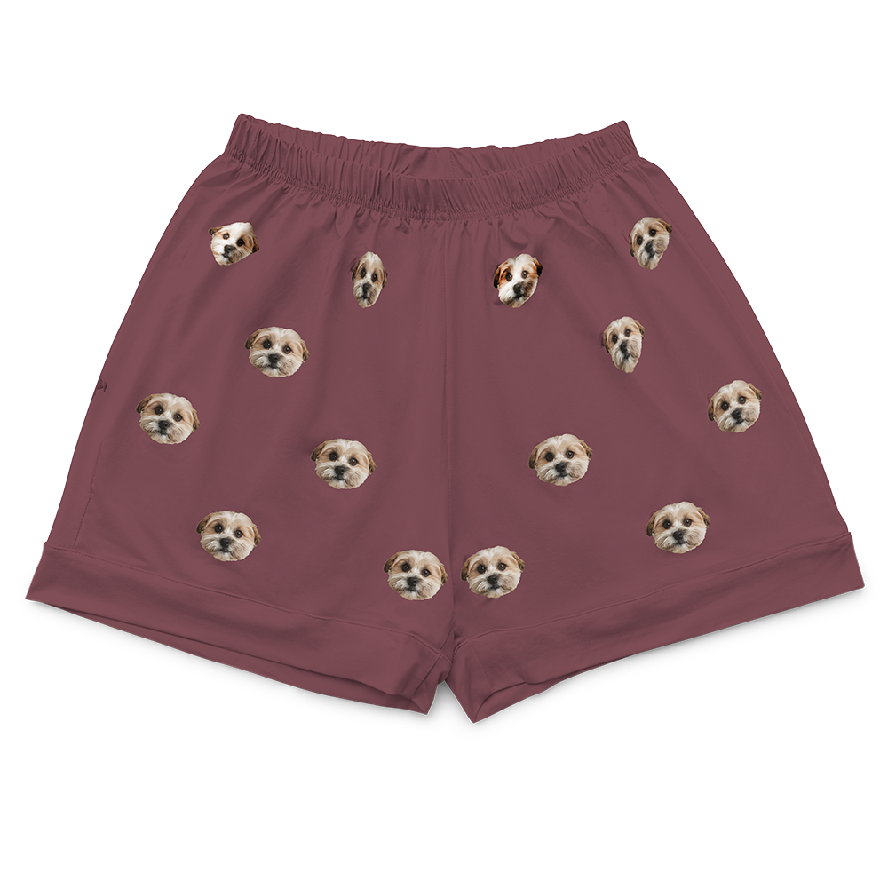 These are pajama shorts in a maroon color with repeating pet faces on them[PajamaShorts]
