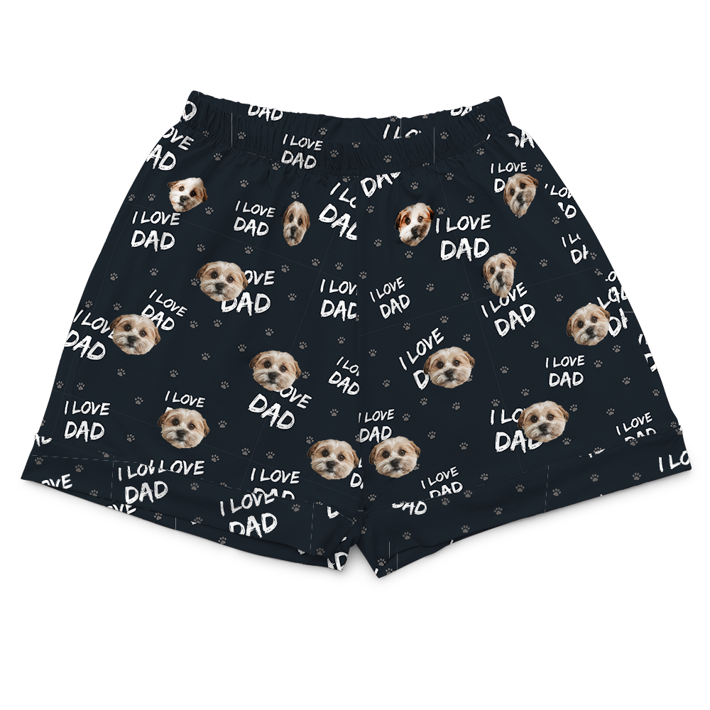 These are pajama shorts in a black color with repeating pet faces on them[PajamaShorts($45.00)]
