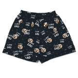 These are pajama shorts in a black color with repeating pet faces on them[ILoveDadPajamaShorts($45.00)]