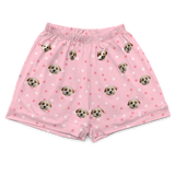 These are pajama shorts in a pink color with repeating pet faces on them[LightPinkPawsPajamaShorts]