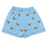 These are pajama shorts in a blue color with repeating pet faces on them[PajamaShorts($45.00)]